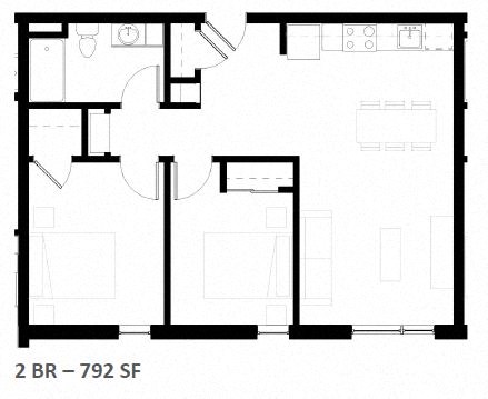 Floor plan for 2 beds, 1 bath, 792 sqft